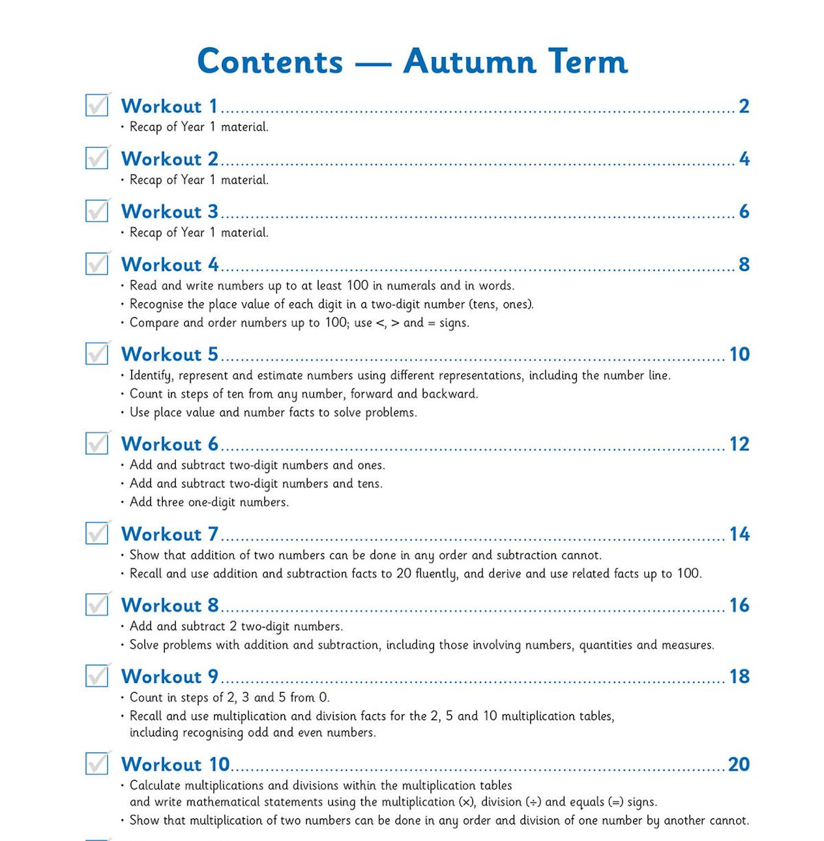 Contents page showing Autumn Term weekly workouts