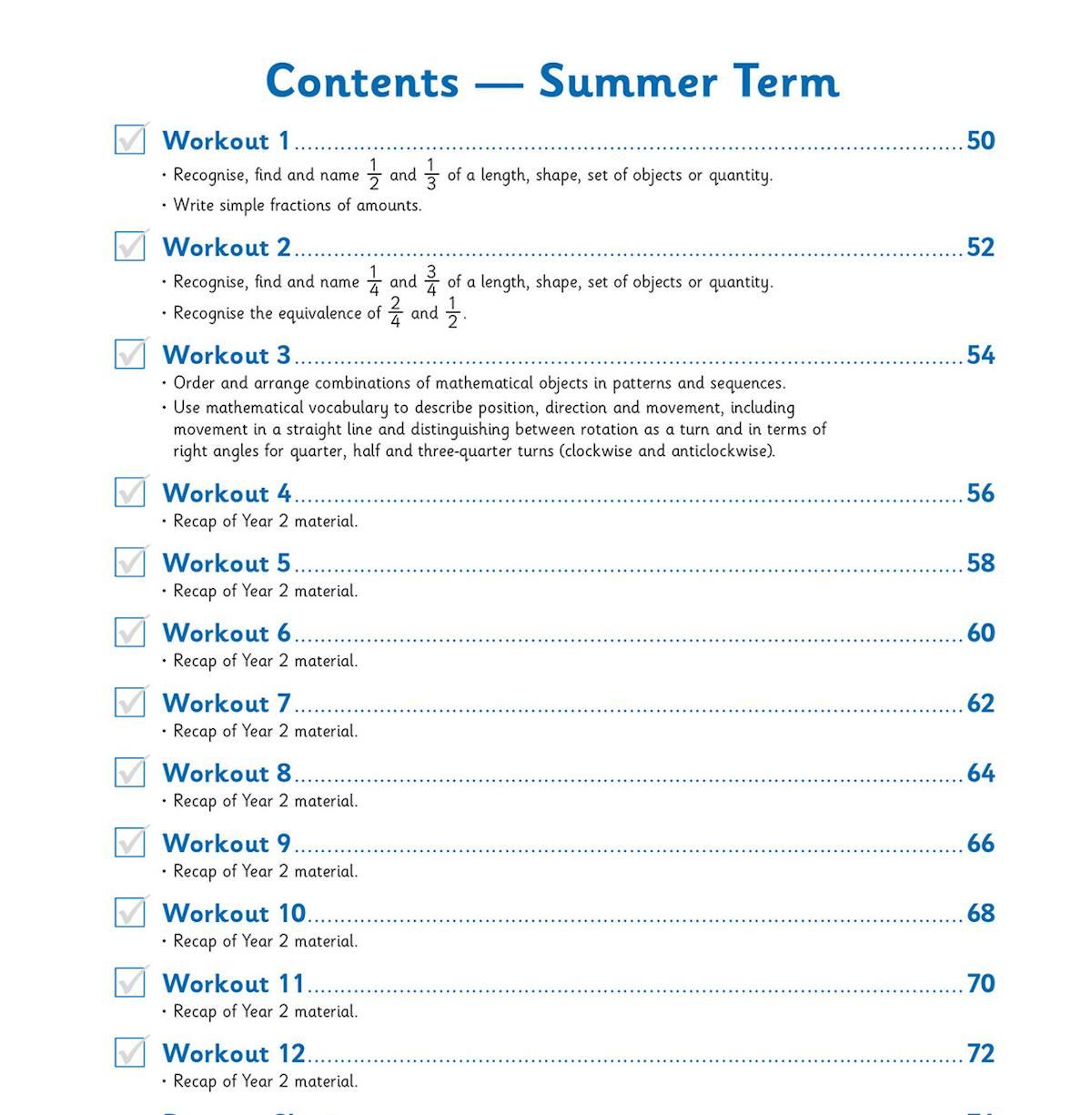 Contents page showing Summer Term weekly workouts