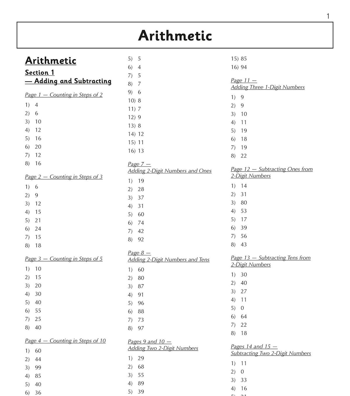 Inside pages of the KS1 Maths SAT Buster Answer Book showing arithmetic answers