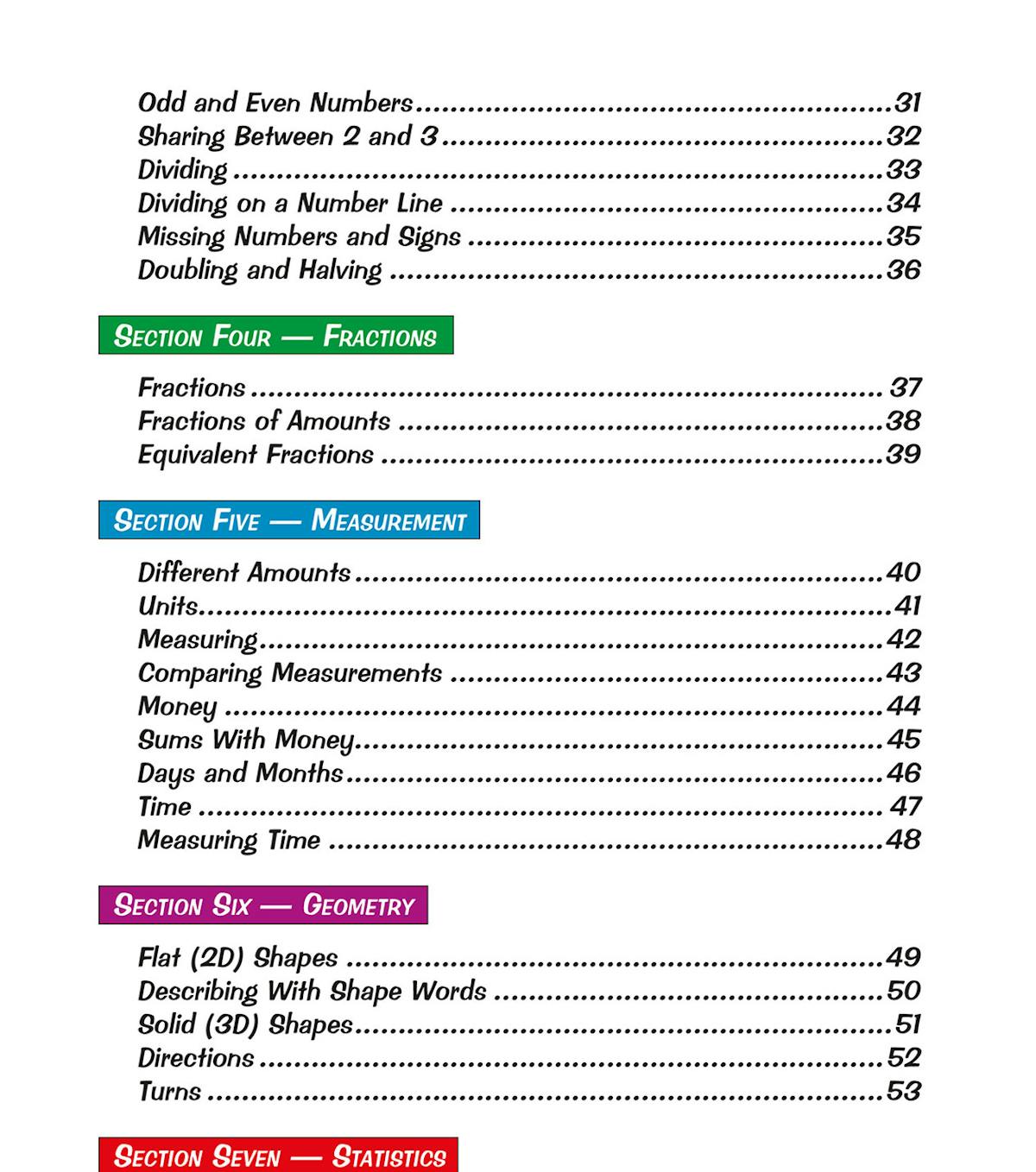 Contents page showing the sections and topics covered in the KS1 Maths Study Book