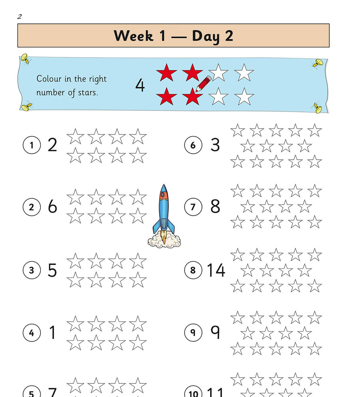 Colourful counting activity page with stars and a rocket