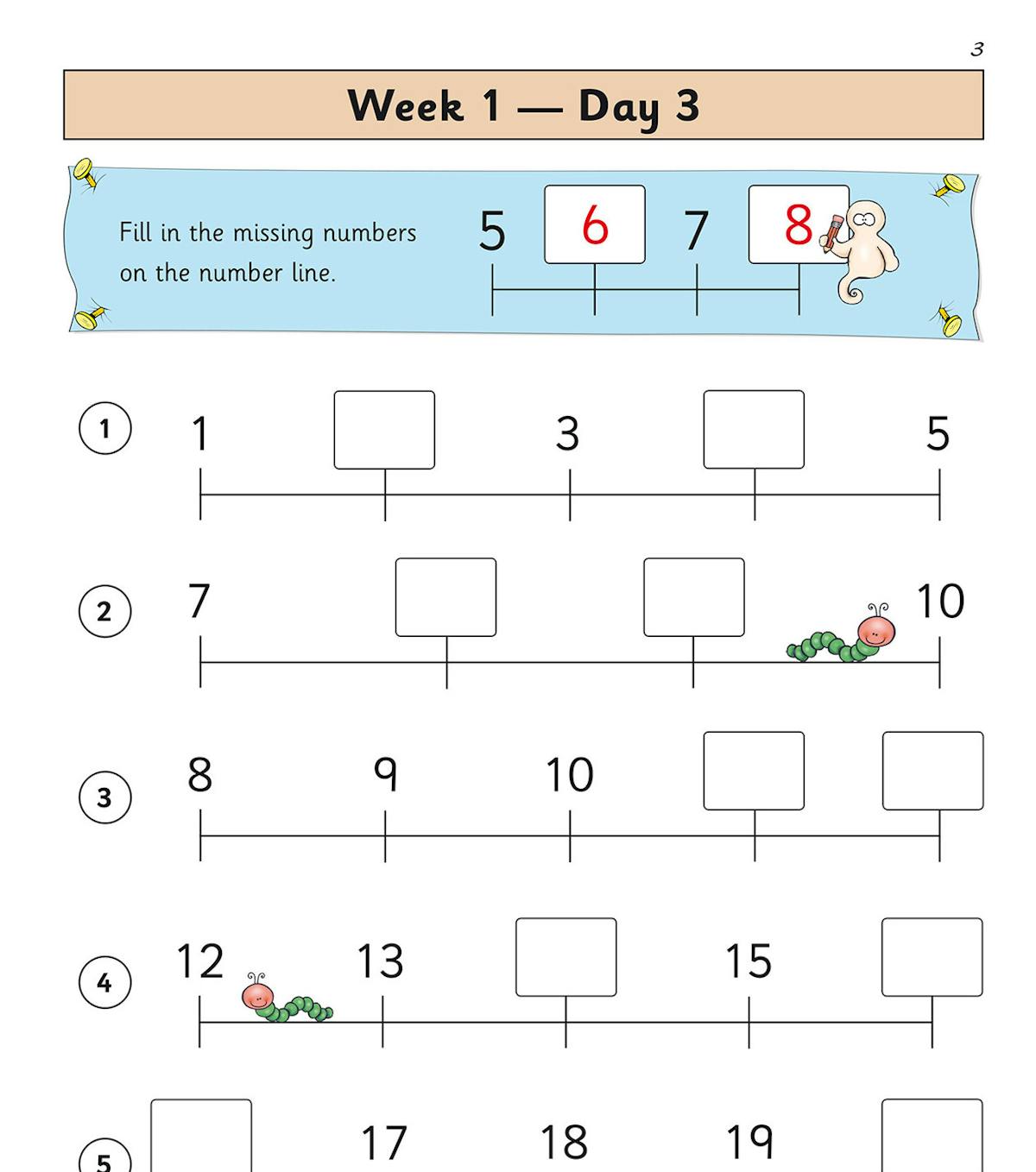 Number line activity with missing numbers and friendly cartoon characters