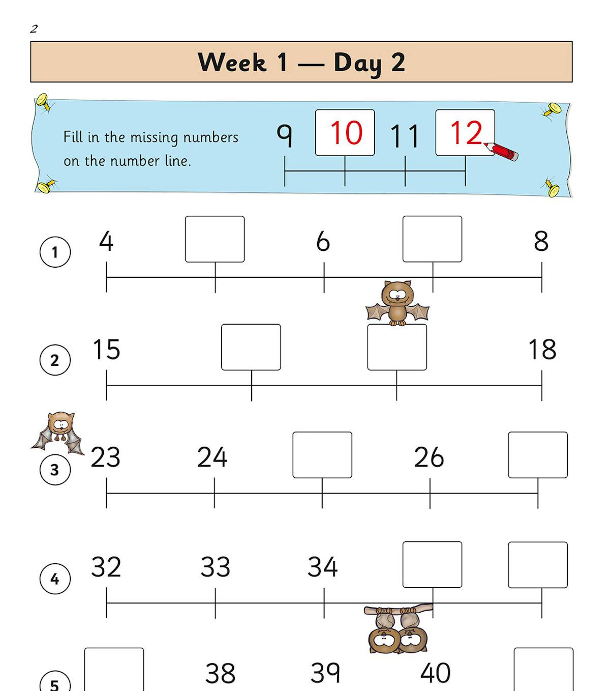 Daily practice page showing number line activities with missing numbers to fill in
