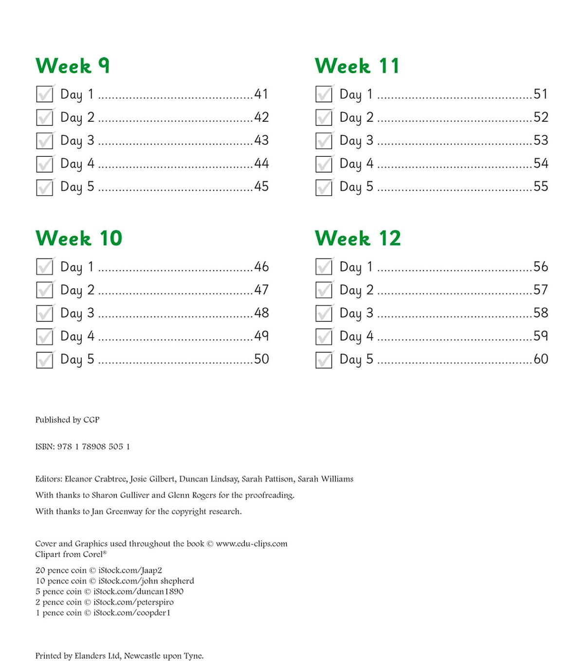 Contents page showing twelve weeks of daily activities organised by week and day