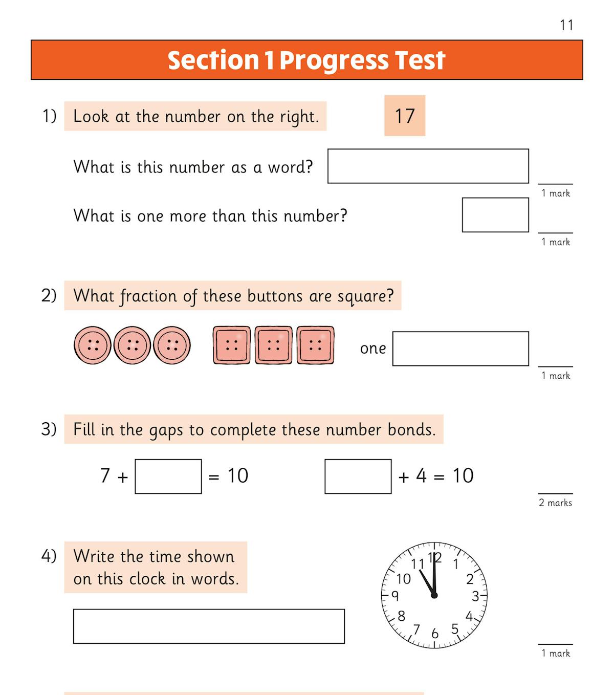 Sample page from Section One Test 1 showing varied mental arithmetic questions for Year 1