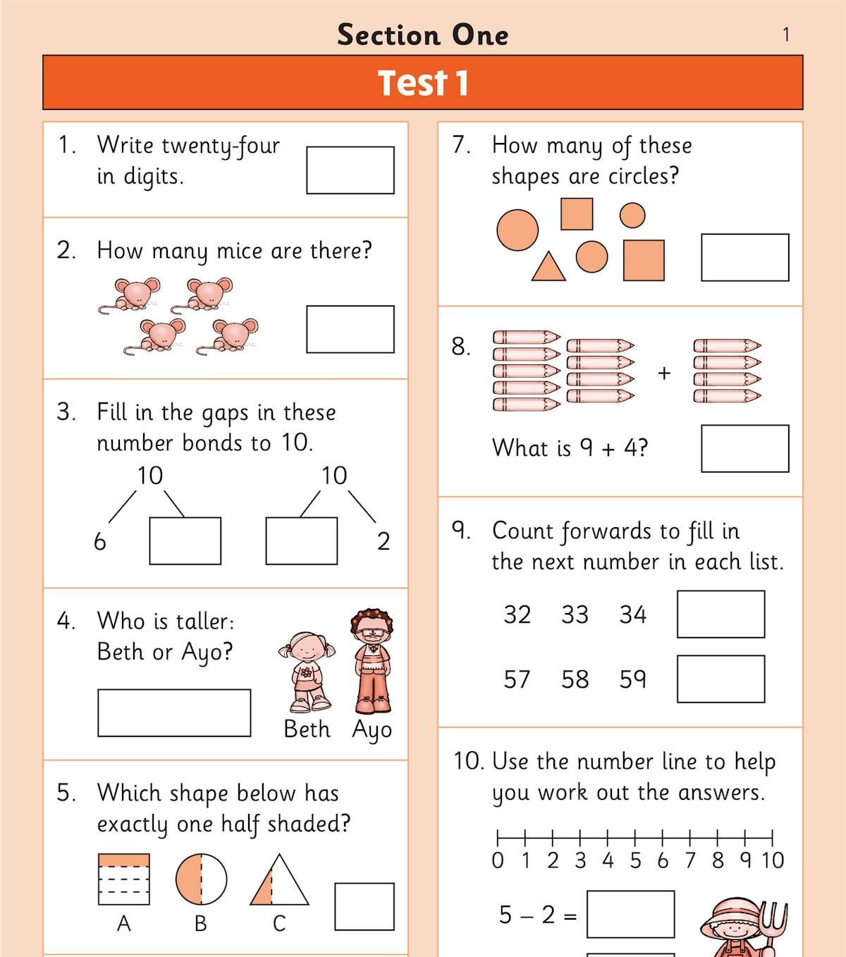 Section 1 Progress Test page showing mixed mental arithmetic questions with visual aids
