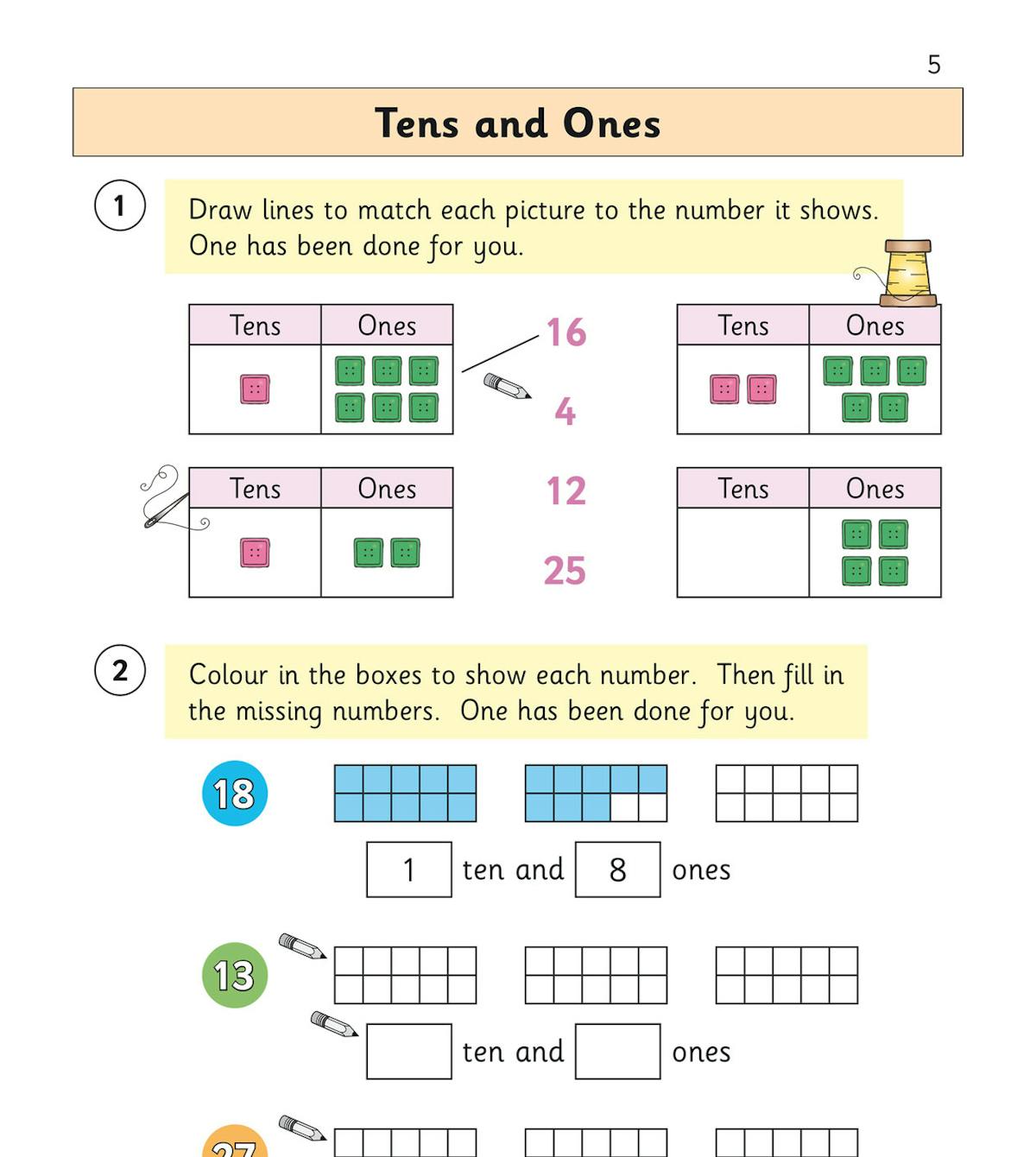 Sample page showing tens and ones exercises with colourful diagrams and space for answers