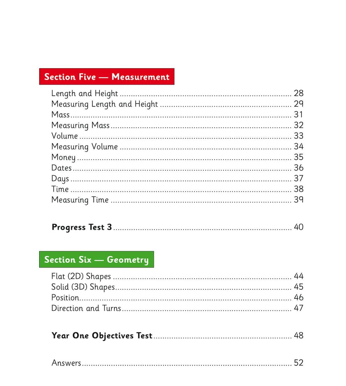 Contents page showing six sections including Number and Place Value, Measurement, and Geometry