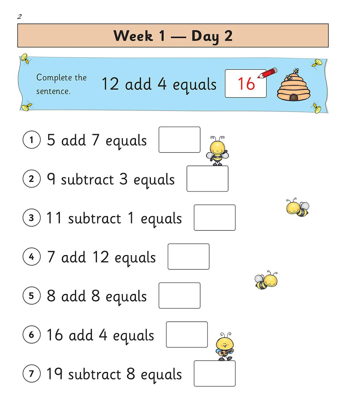 Daily maths practice page showing addition and subtraction questions with score box