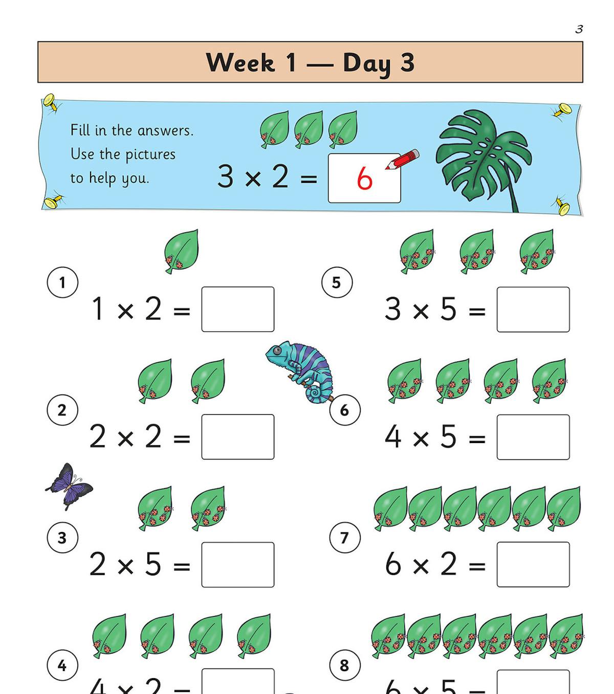 Colourful multiplication practice page with picture prompts and score tracker