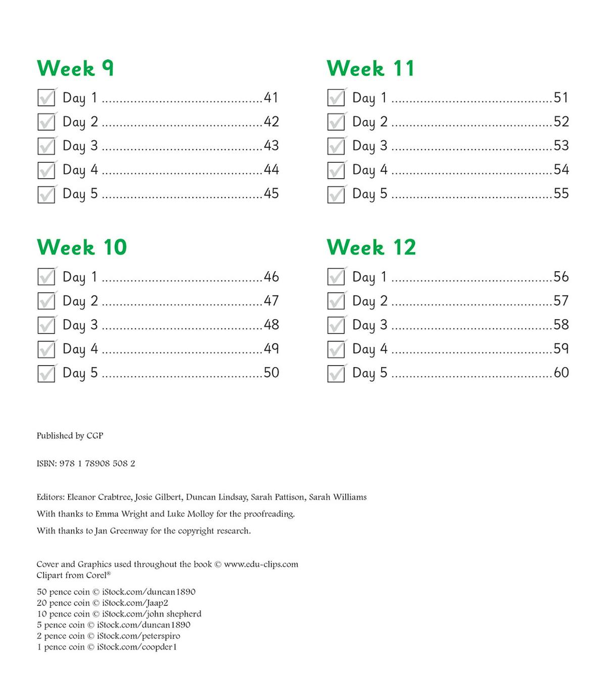 Contents page showing weekly structure with checkboxes for each day of practice