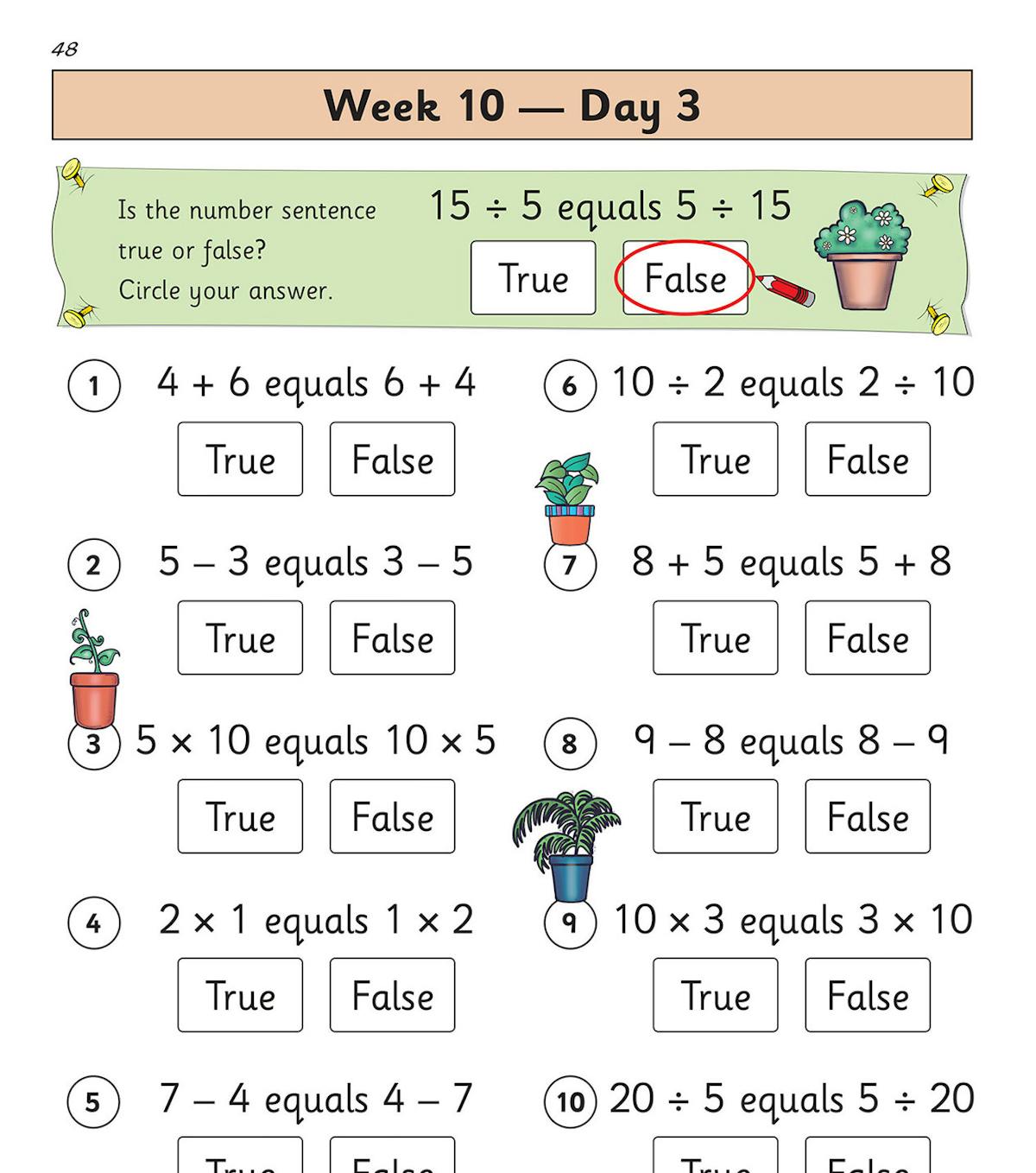 Sample daily practice page showing true or false maths questions with colourful plant illustrations