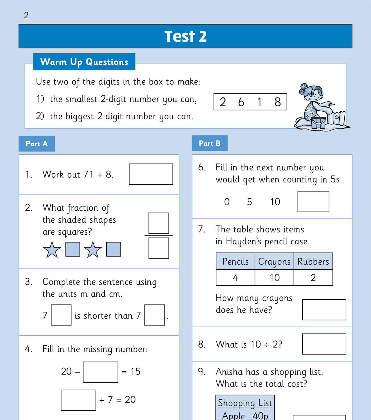 Sample pages from the KS1 Maths Year 2 Mental Arithmetic workbook showing practice questions