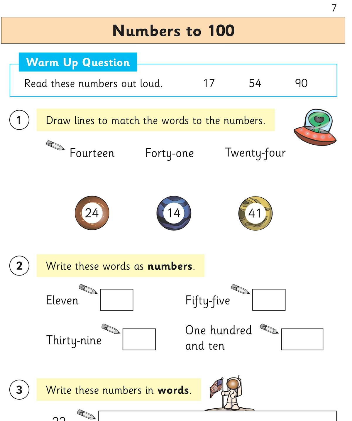 Sample page showing Numbers to 100 with warm-up questions and matching exercises