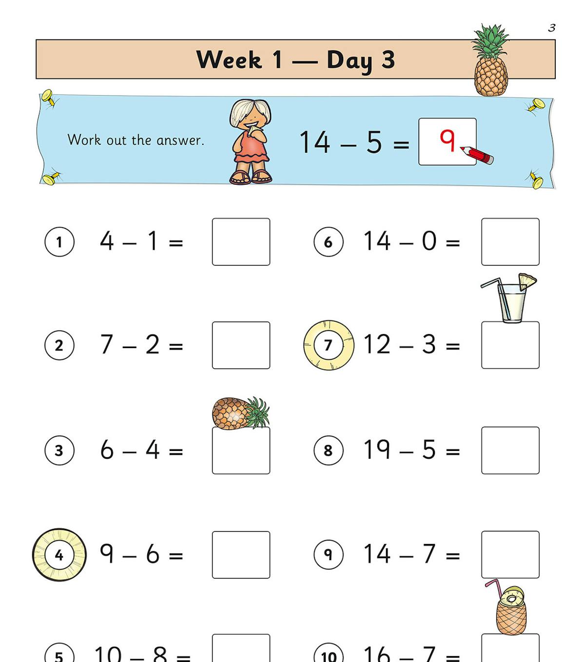 Sample page showing Week 1 Day 3 subtraction questions with fun illustrations and score tracker