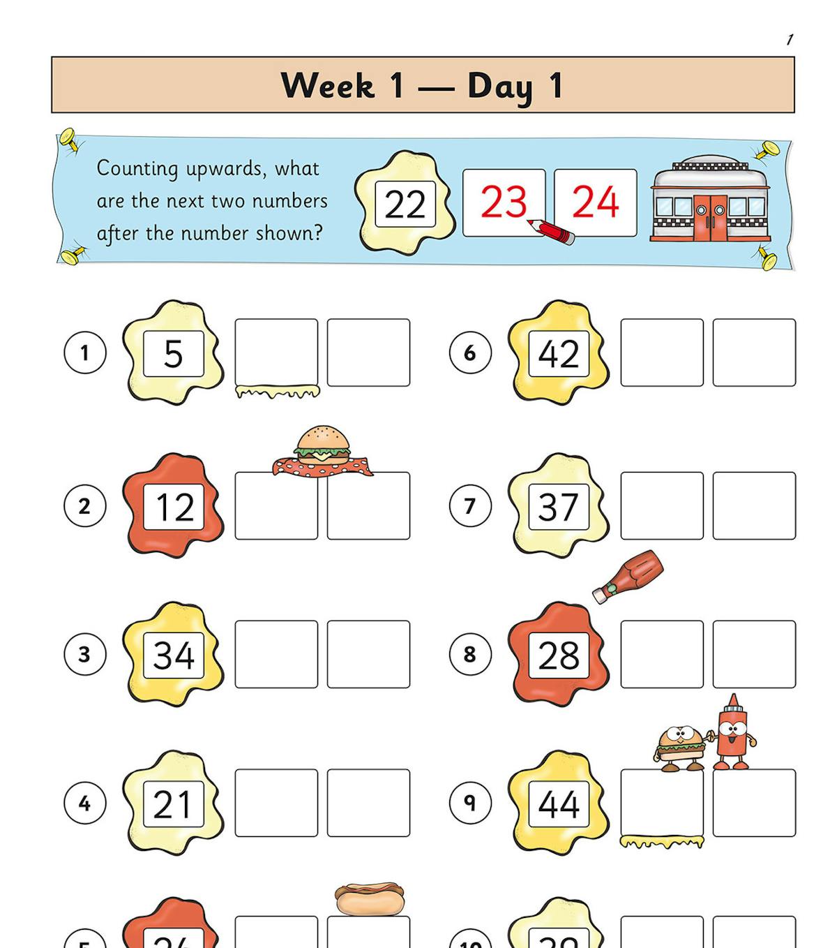 Sample page showing Week 1 Day 1 counting activities with colourful character illustrations