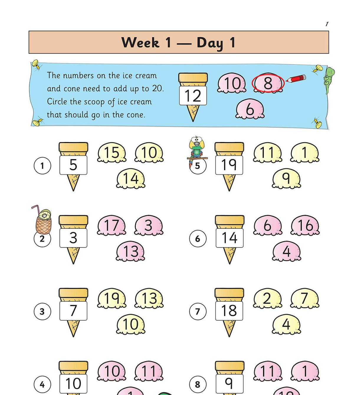 Sample page showing Week 1 Day 1 ice cream themed addition activities