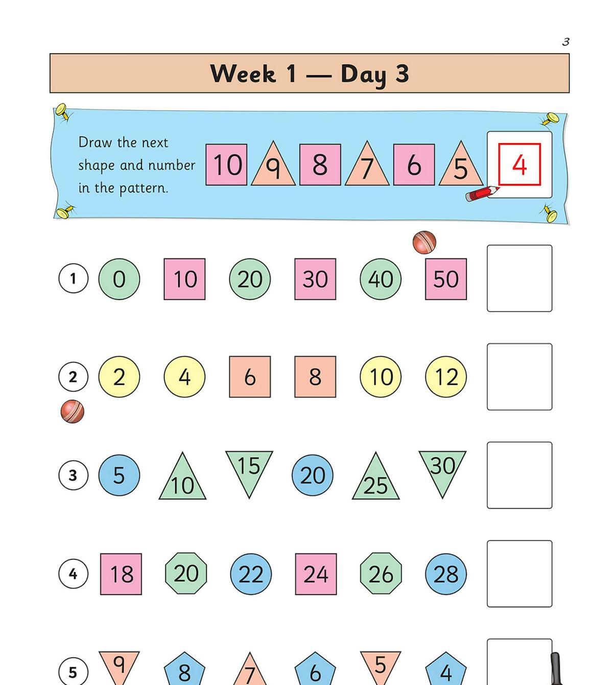 Sample page showing Week 1 Day 3 pattern and counting exercises