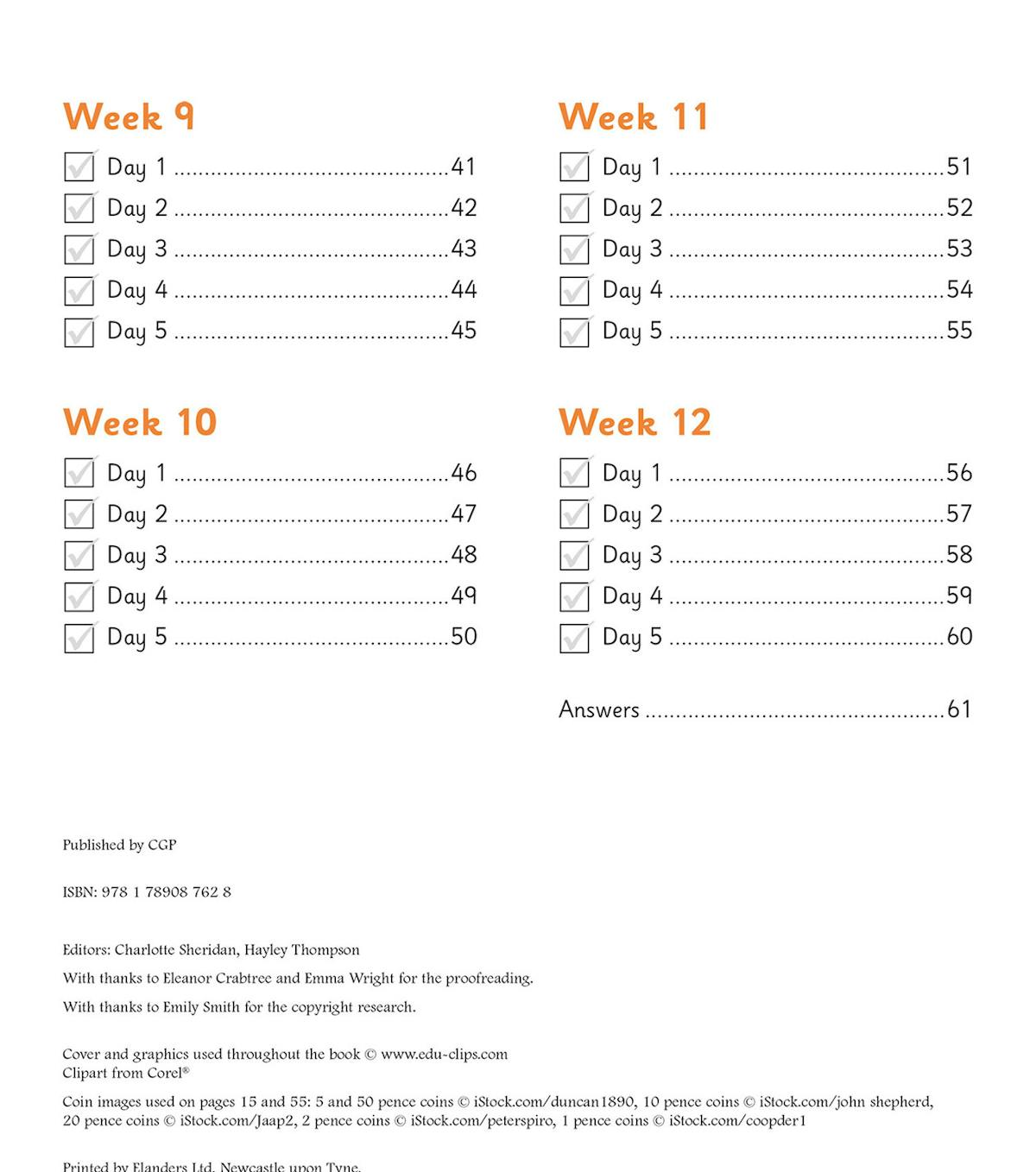 Contents page showing weekly structure and answer section reference