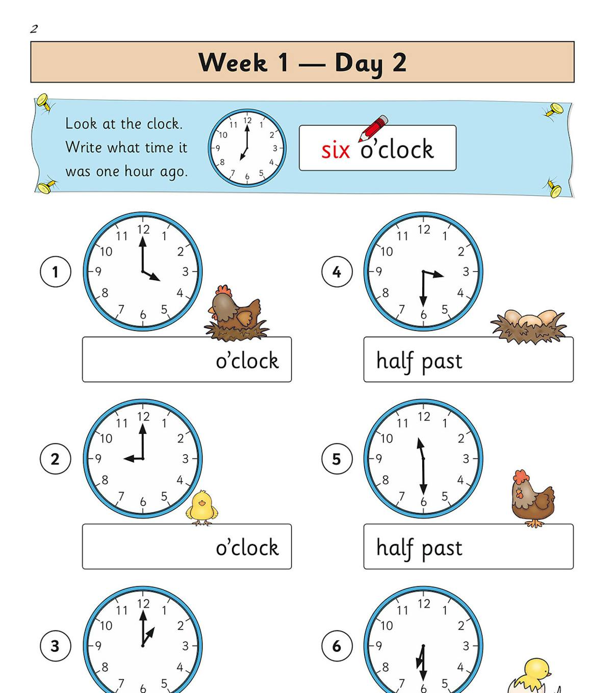 Sample daily practice page showing clock-reading exercises with colourful illustrations