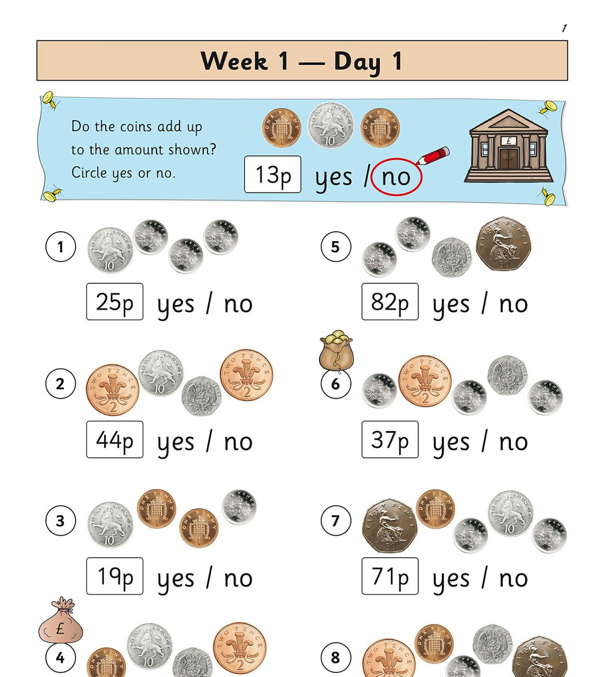 Sample page showing Week 1 Day 1 with coin addition questions and yes/no answers