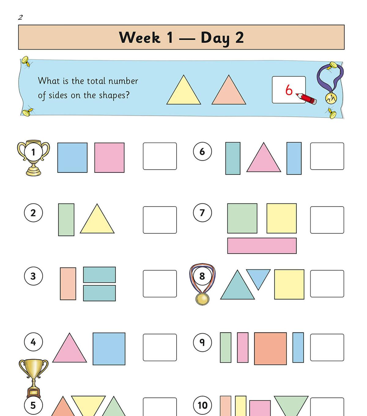 Sample page showing Week 1 Day 2 with shape counting and visual maths challenges