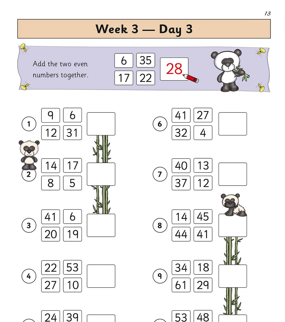 Year 2 mental maths addition page with panda characters and multiple exercises