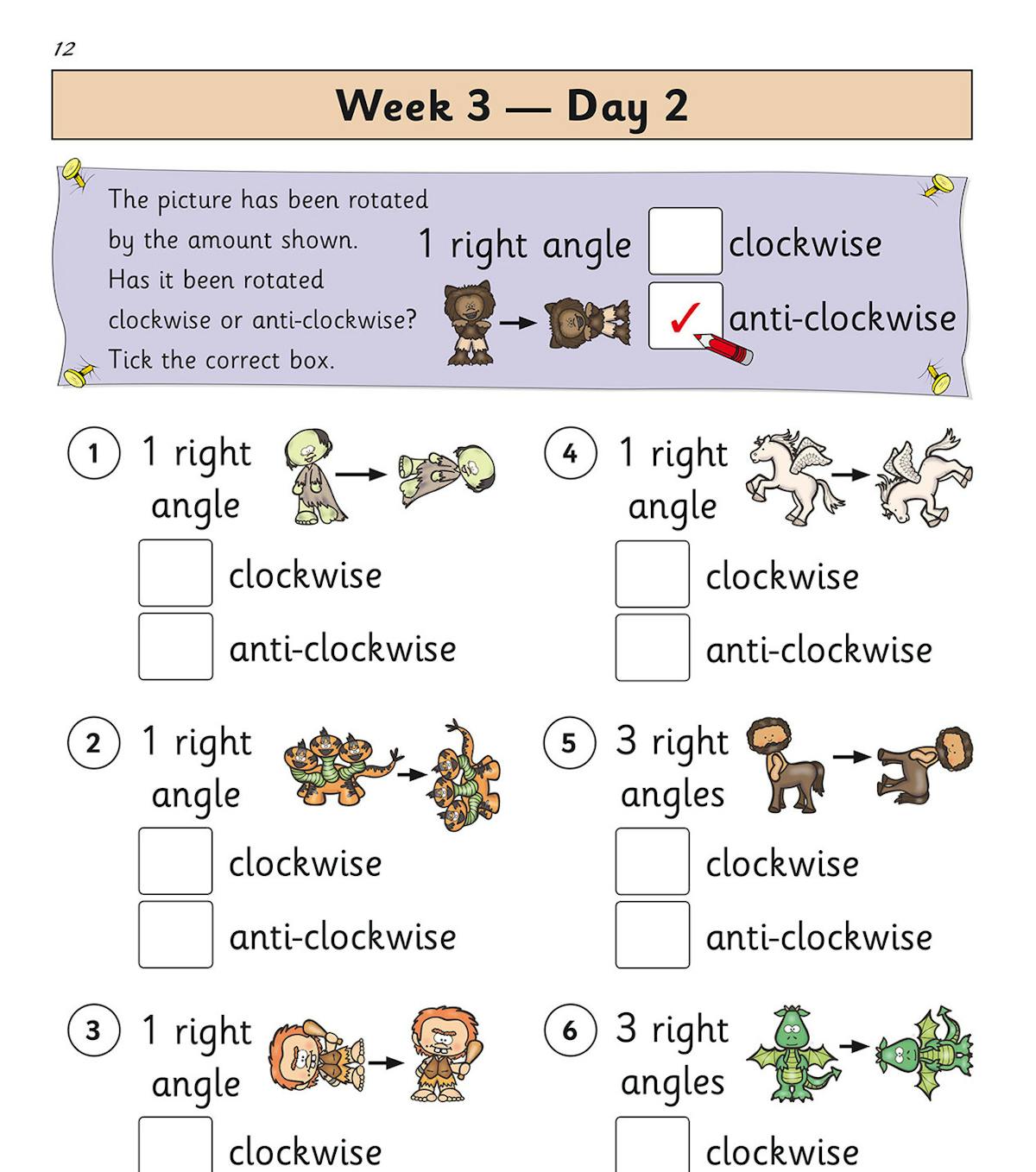 Year 2 mental maths page showing rotation questions with colourful characters