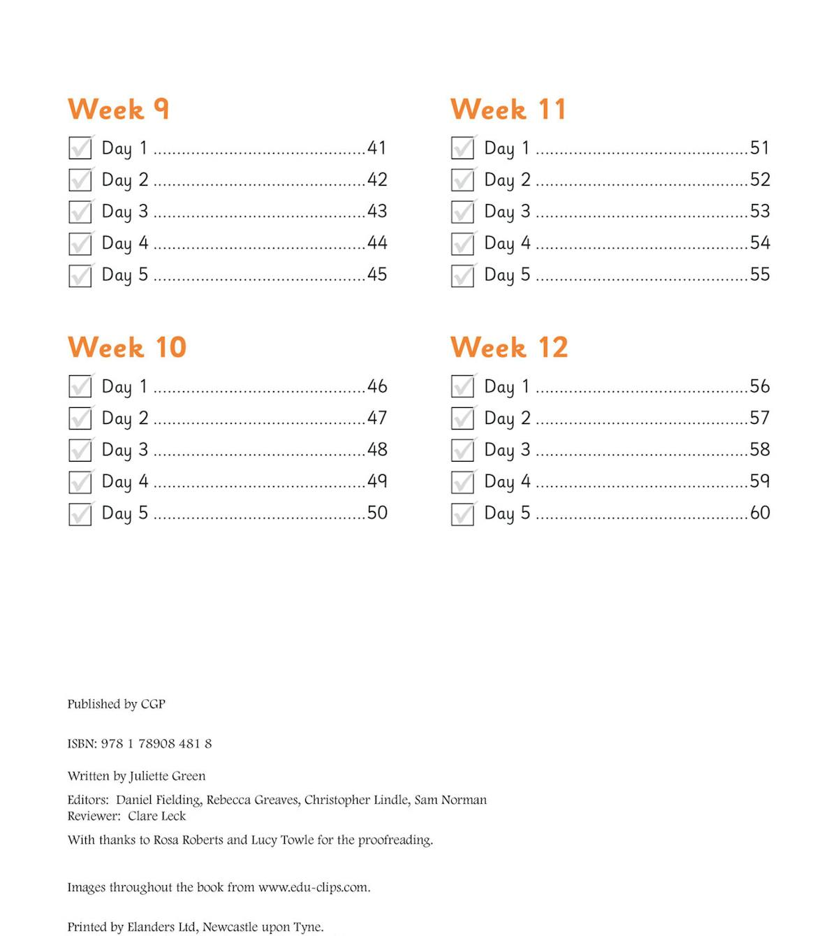 Workbook contents page showing weekly schedule layout