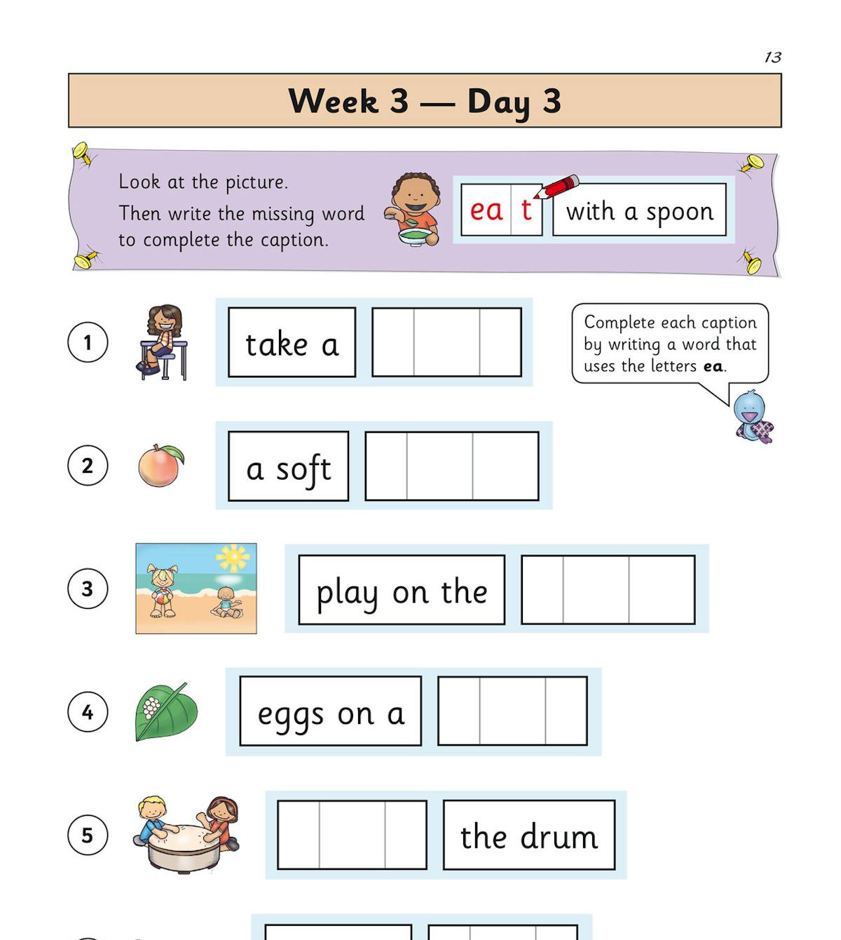 Sample activity page showing phonics exercises with colourful illustrations