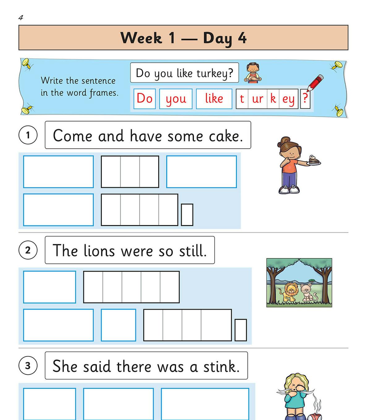 Sample page showing Week 1 Day 4 sentence writing activity