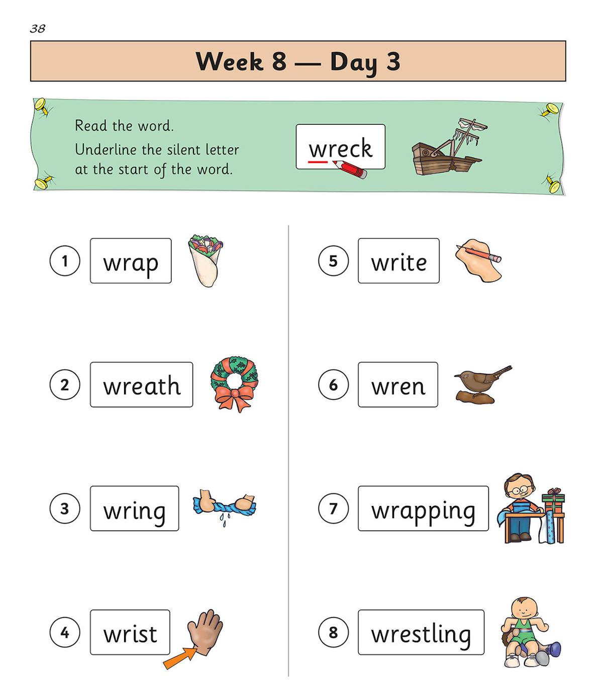 Sample page showing silent letter recognition with words beginning with 'wr'