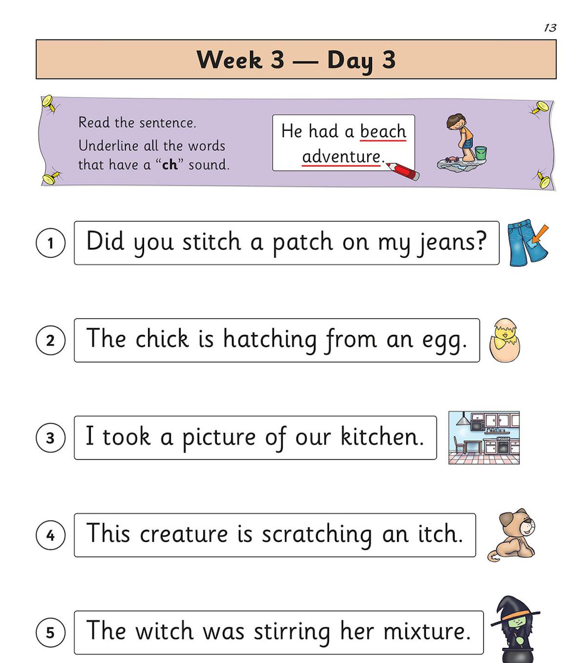 Sample page showing 'ch' sound phonics activity with sentences to underline