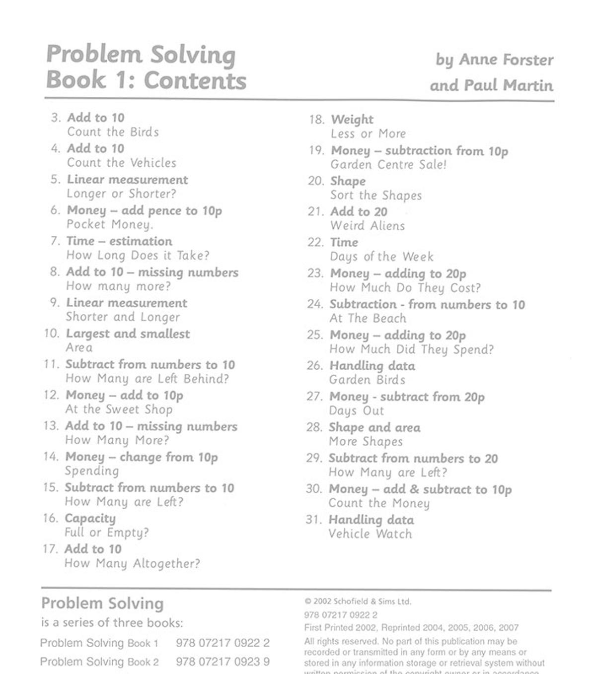 Contents page listing 31 problem-solving activities covering money, time, shapes, measurement and data handling