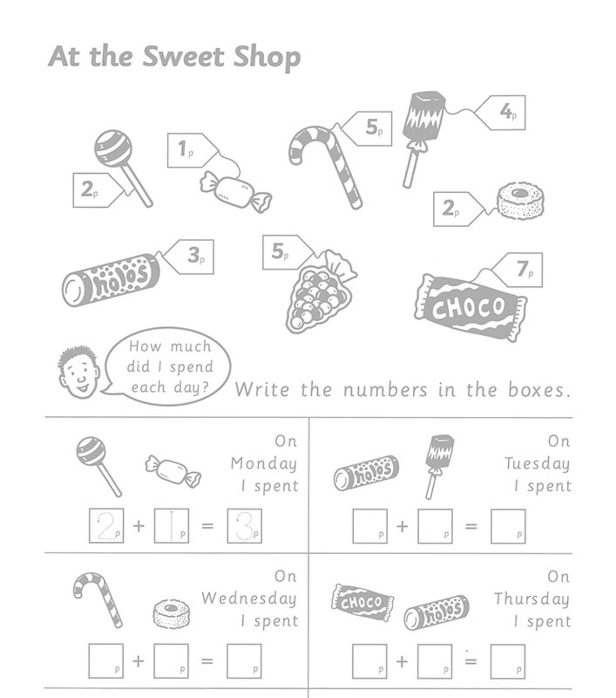 Sample page showing a sweet shop money problem with illustrated sweets and price labels