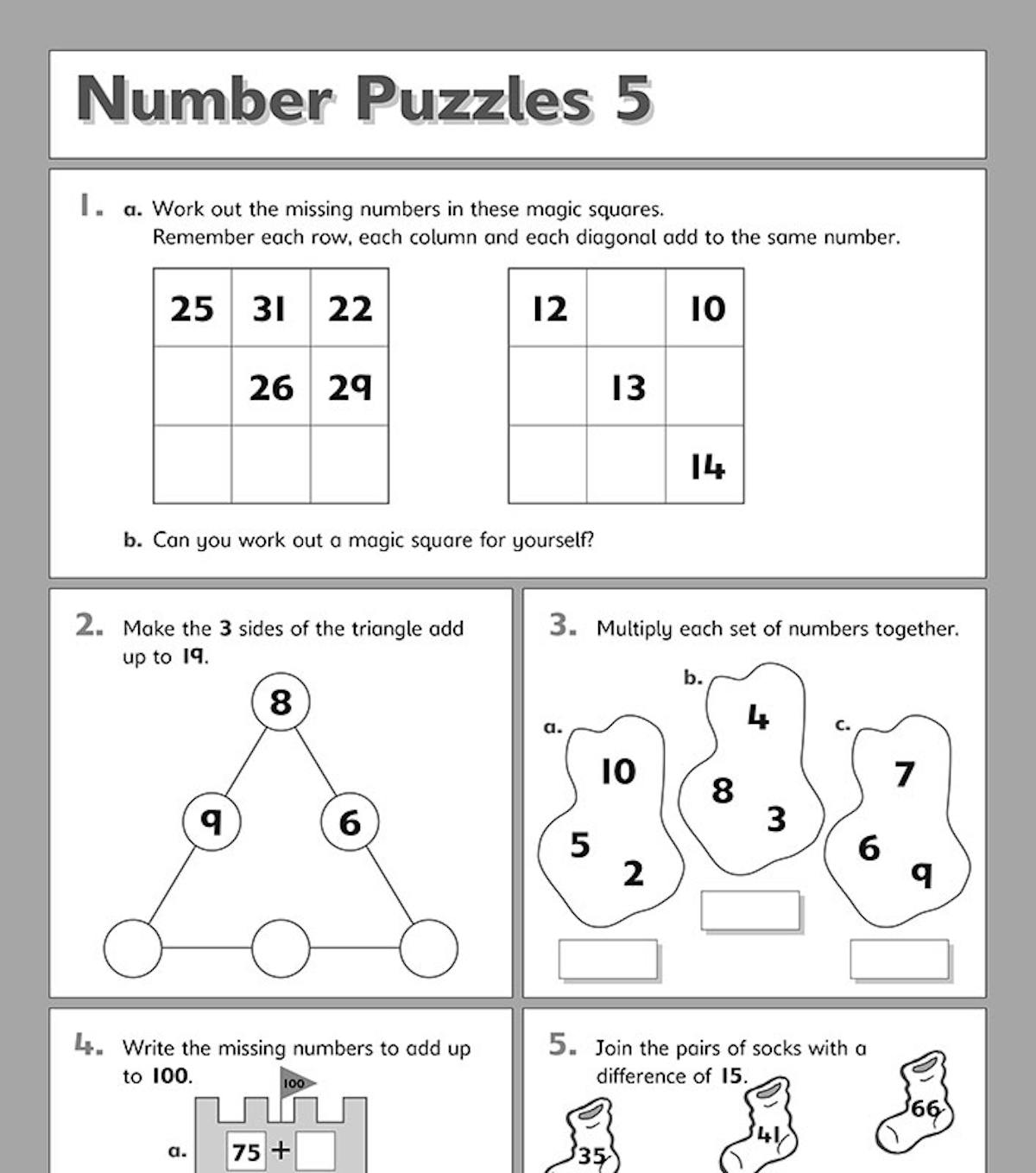 Number puzzles page showing magic squares, triangle puzzles and sock-matching maths activities