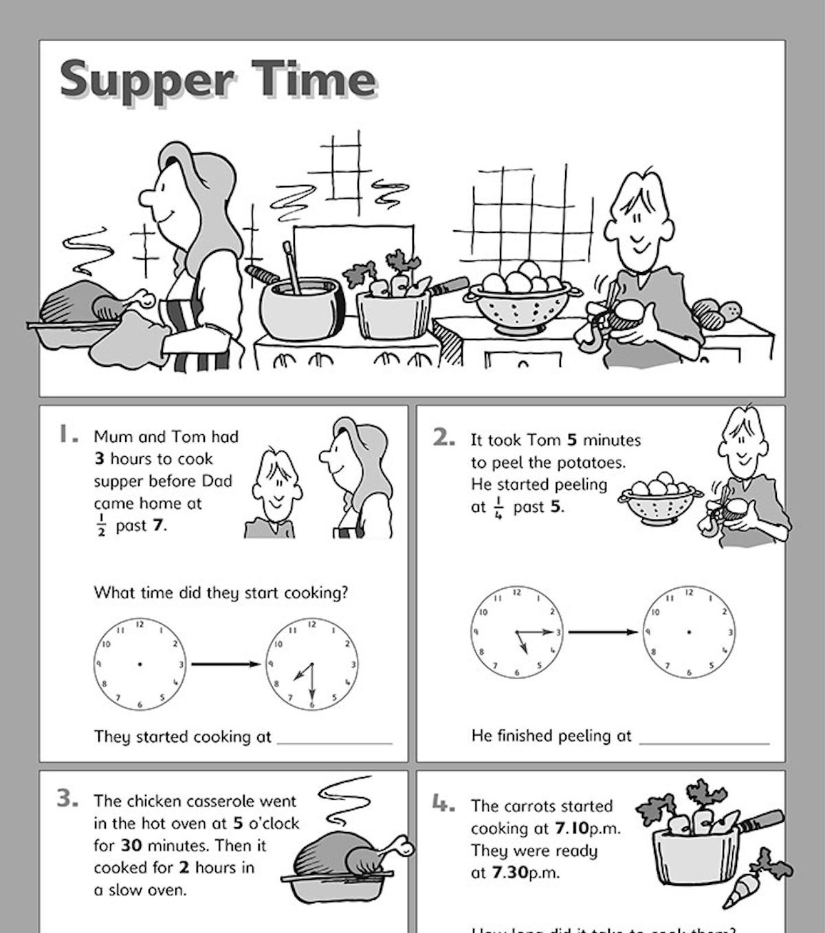 Supper time themed page with clock and time calculation problems