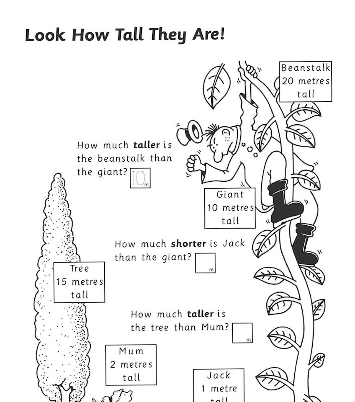 Sample page showing height comparison problems with illustrated characters