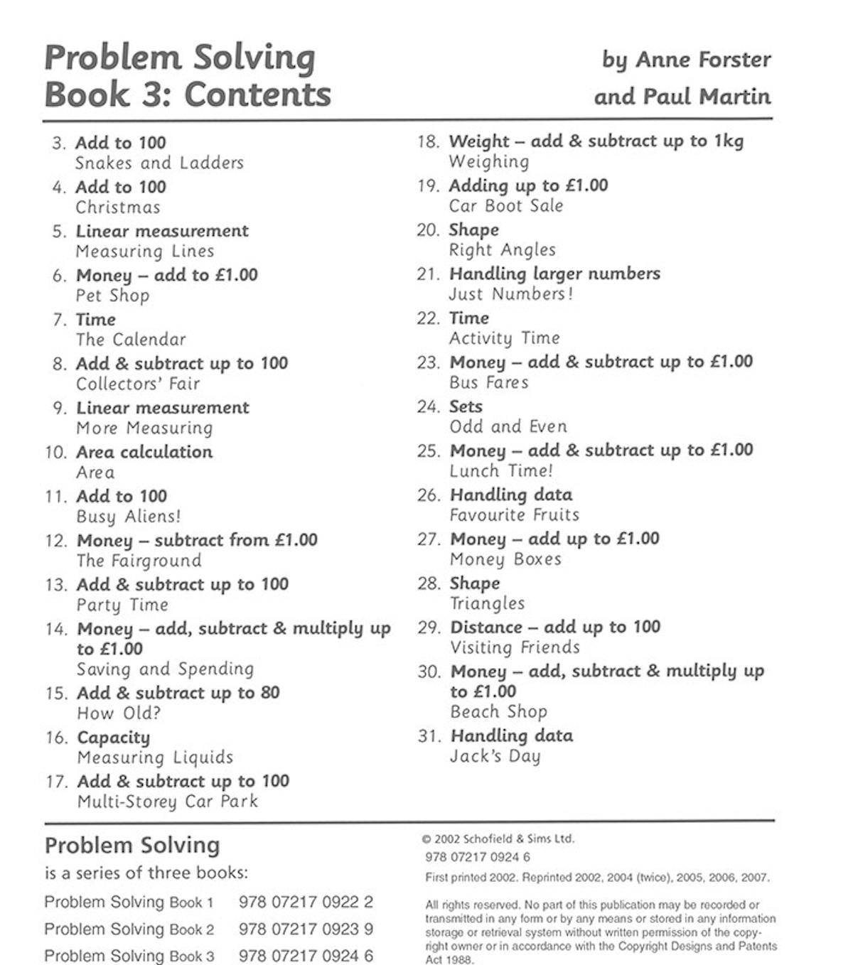 Contents page of KS1 Problem Solving Workbook 3 listing topics including addition to 100, money skills, and shape