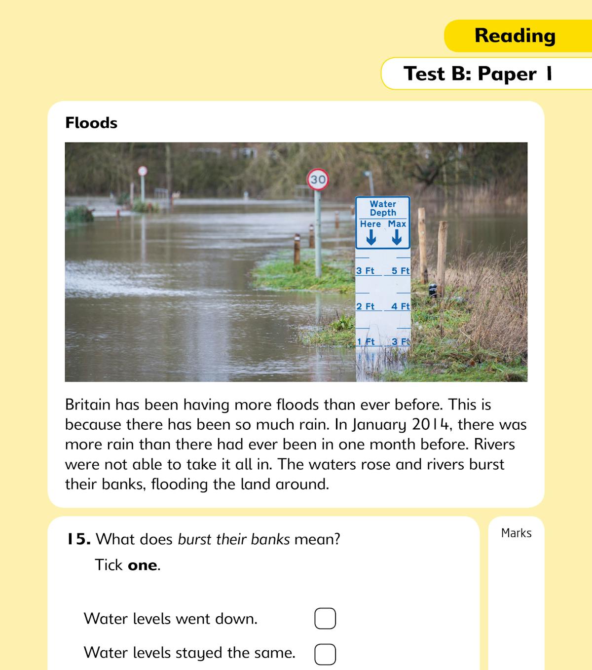 Sample page from KS1 Reading SATs practice test showing a comprehension passage about floods with multiple-choice questions