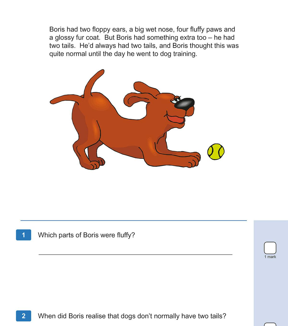 Sample pages from KS1 practice papers showing English and Maths questions