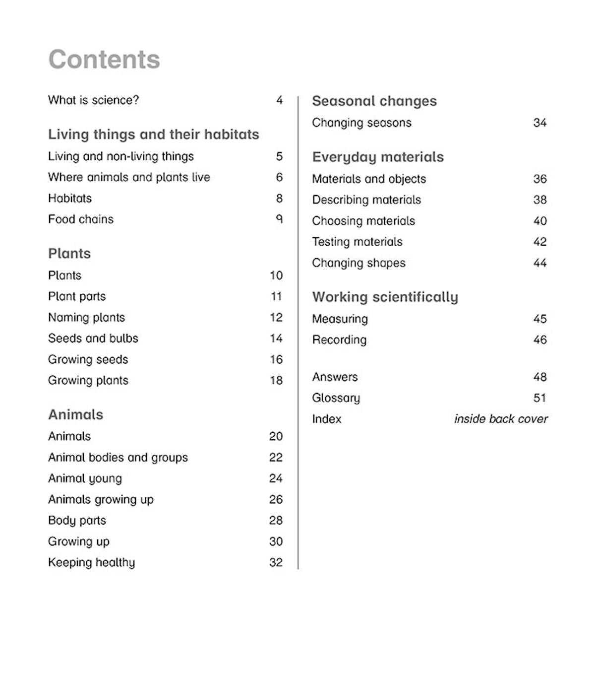 Contents page showing the full range of science topics covered