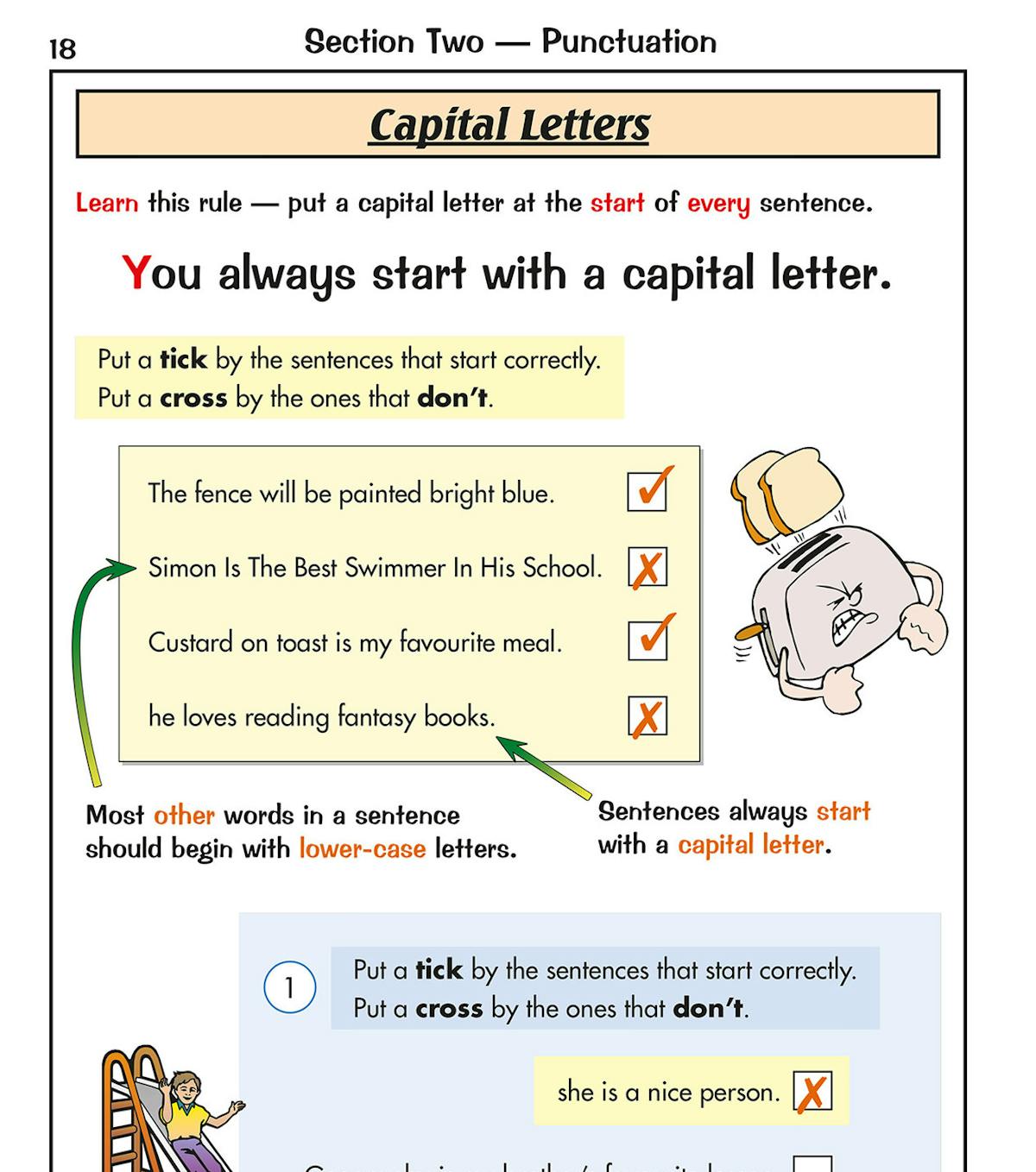 Capital letters punctuation practice page with illustrated examples