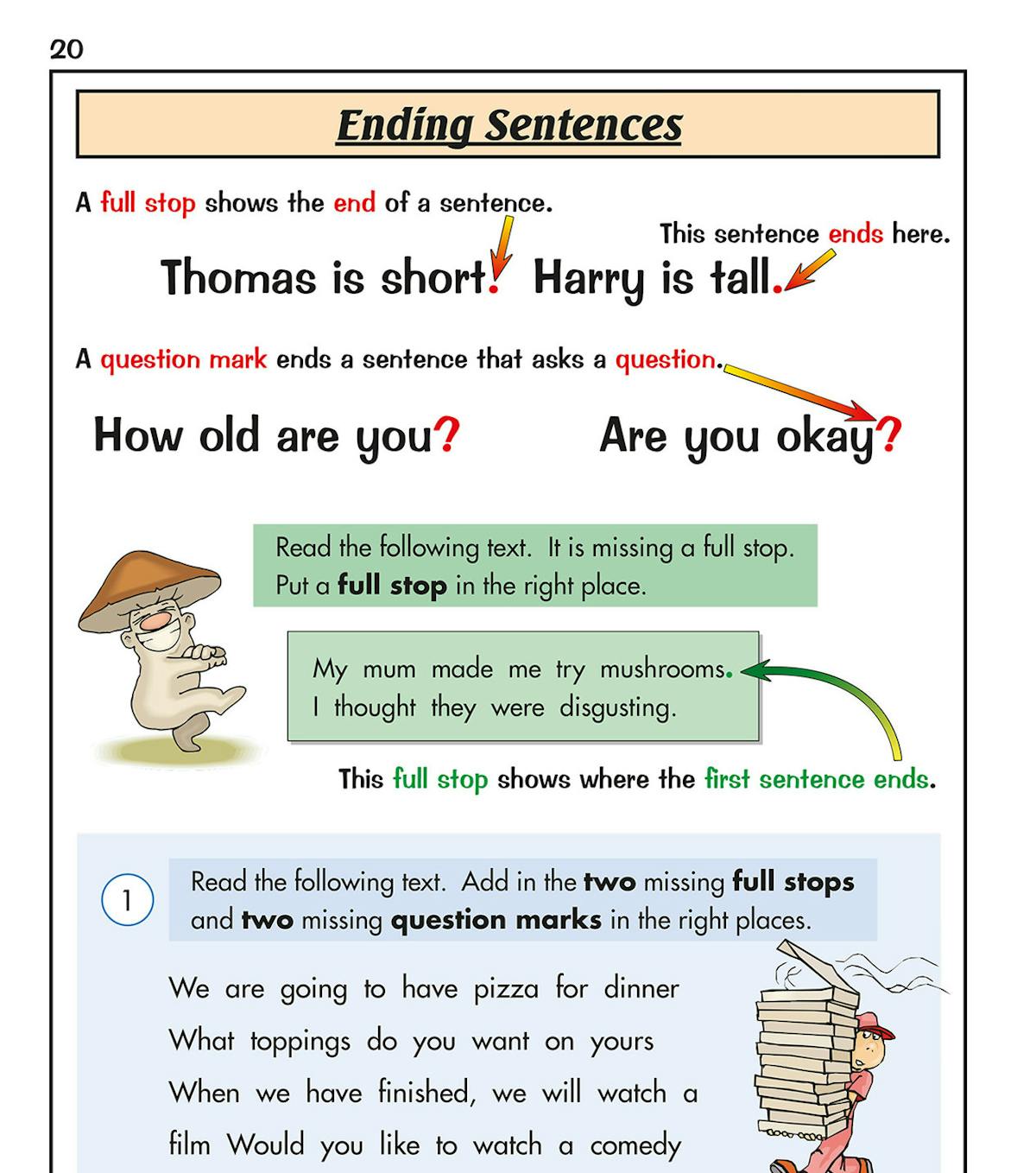 Ending sentences practice page showing full stops and question marks