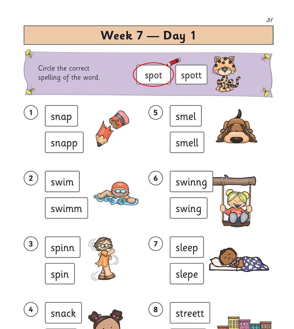 Sample page showing Week 7 Day 1 spelling exercises with multiple-choice questions