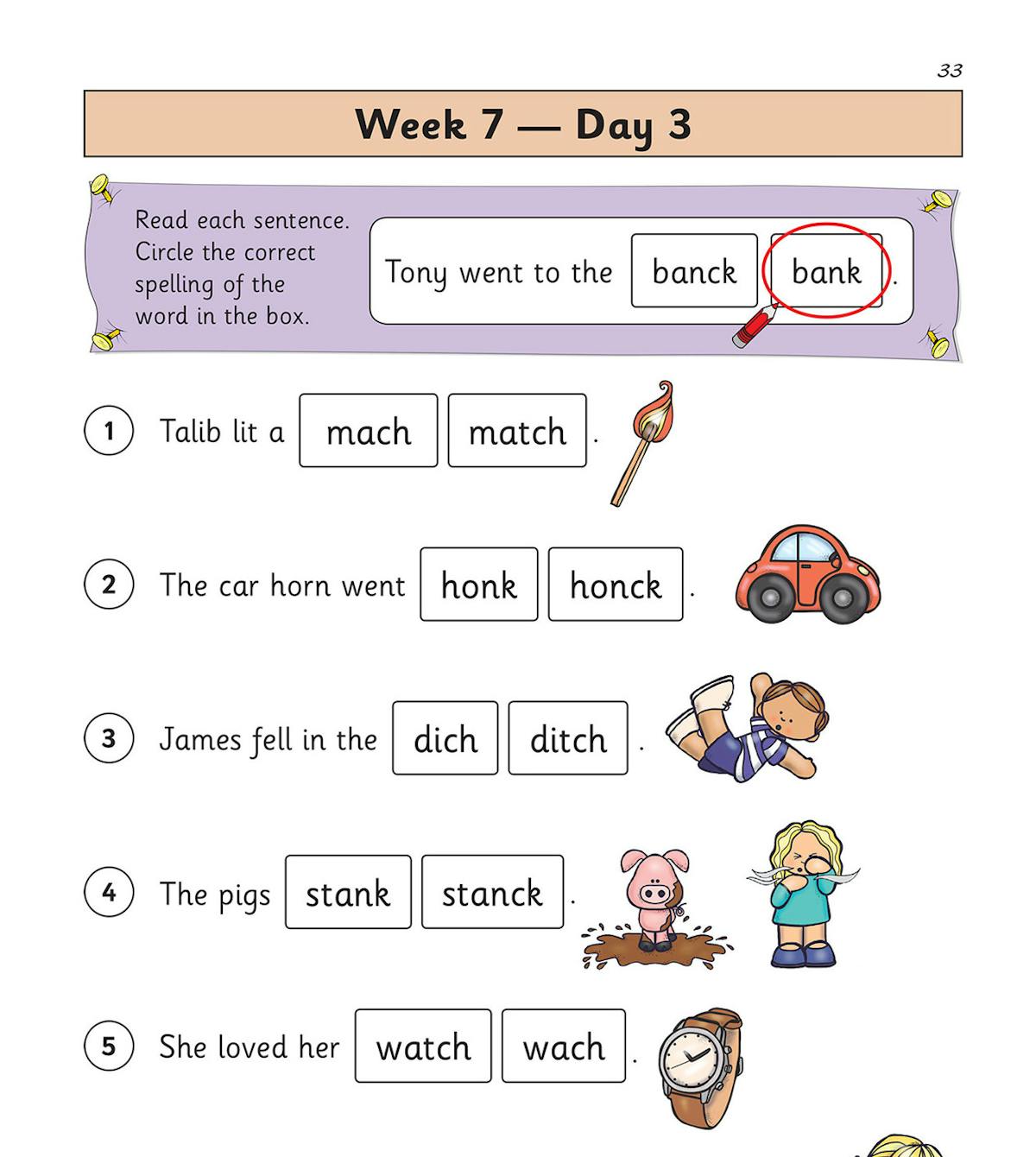 Sample page showing Week 7 Day 3 spelling exercises with sentence-based questions