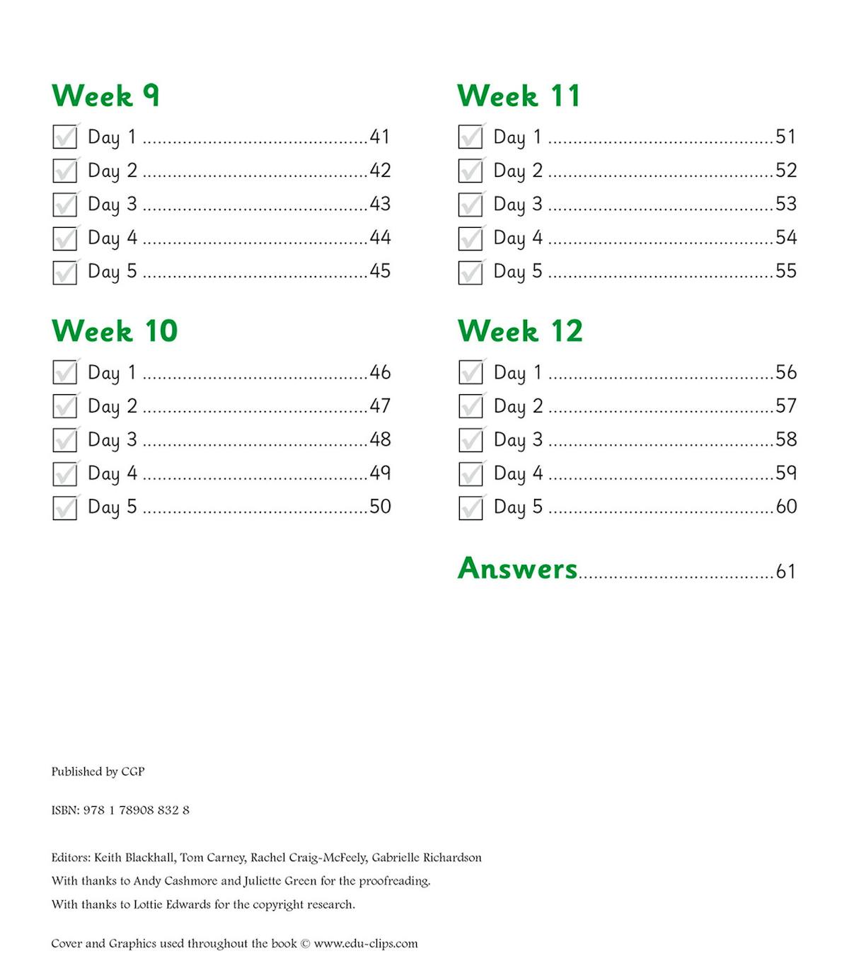 Contents page showing weekly structure with tick boxes and answer section