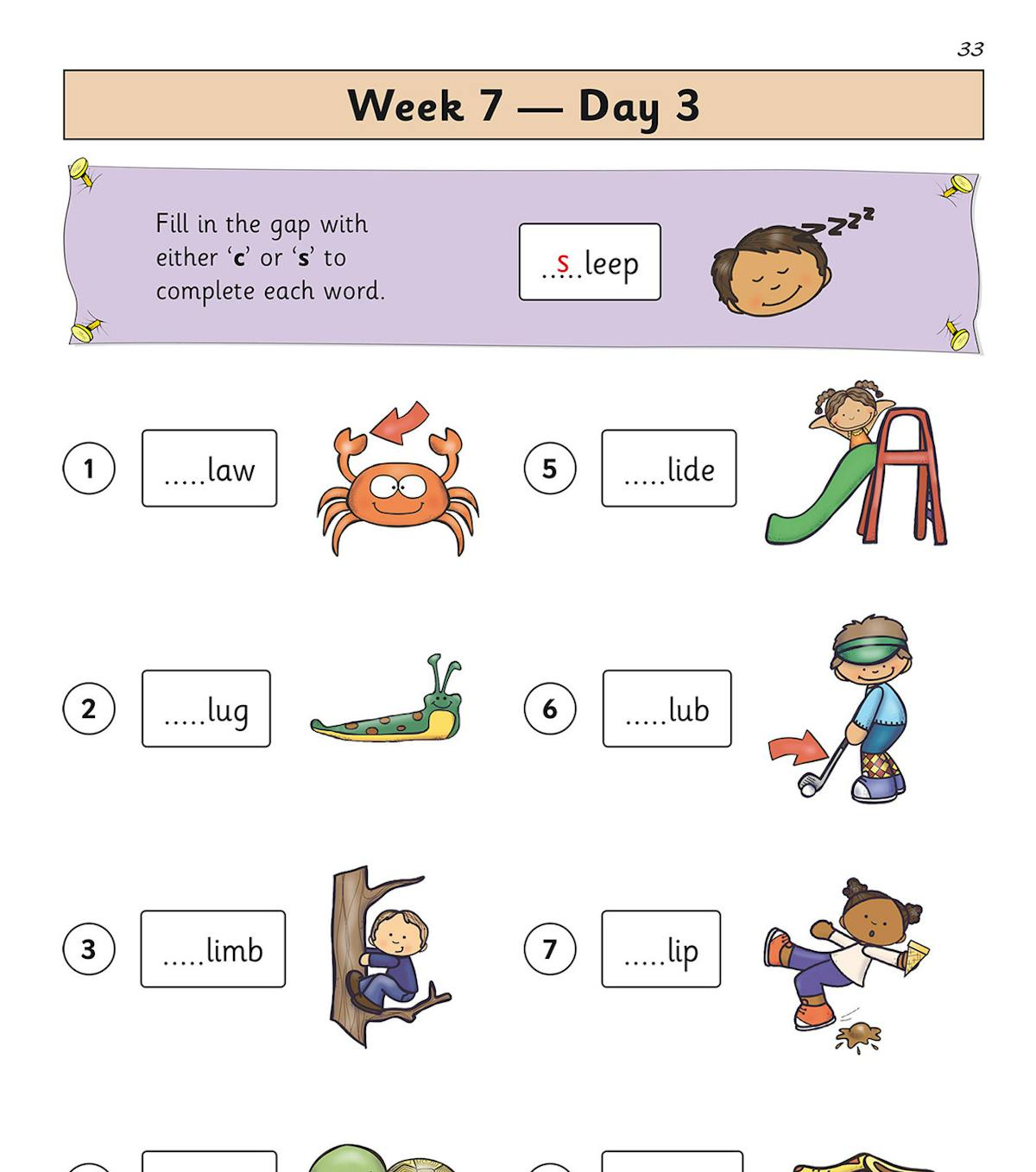 Spelling practice page showing fill-in-the-gap activities with illustrations