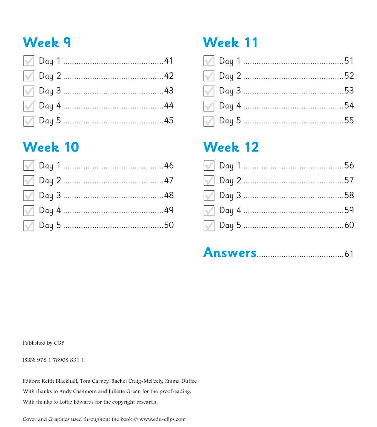 Contents page showing the 12-week spelling programme structure