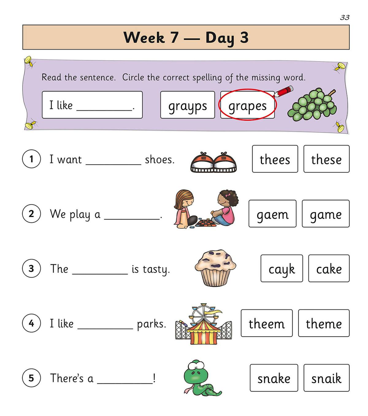 Sample spelling activity page from the Year 1 Summer Term practice book